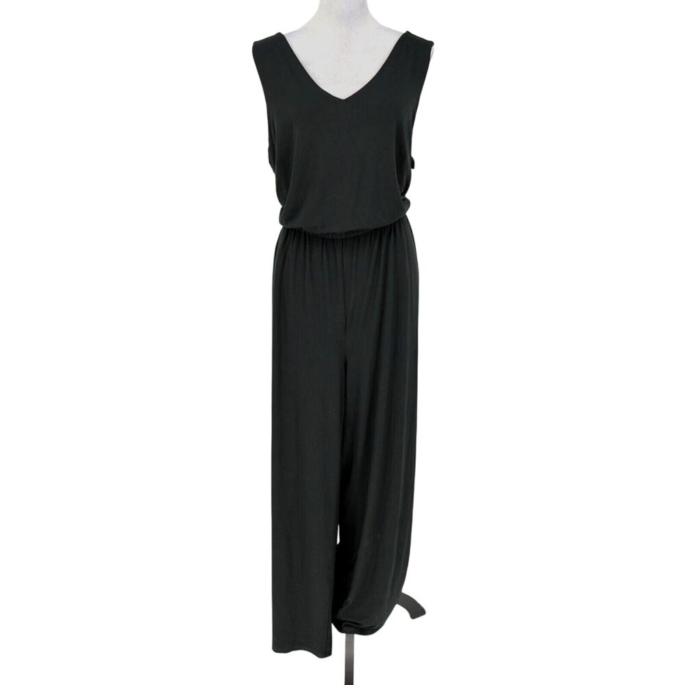 J Jill Wearever Jumpsuit Plus Size 2X Black Smocked Back Wide Leg Stretch Knit